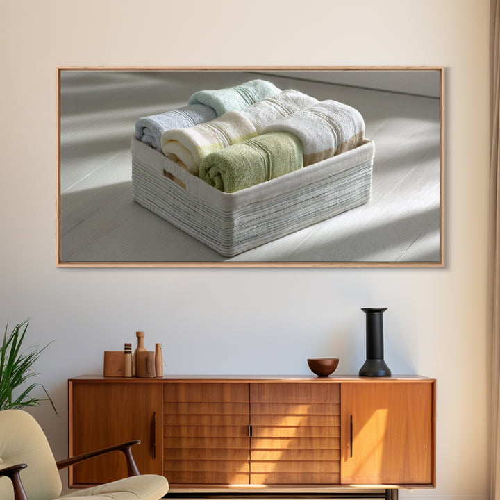 Basket of Folded Towels Framed Canvas Print, Laundry Room Art, Art Print, Living Room Decor, Fine Art, Clean, Artwork, LRA-2x1-10