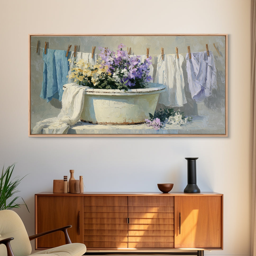 Old Enamel Basin Filled Framed Canvas Print, Laundry Room Art, Farmhouse Wall Art, Living Room Decor, Oil Painting, Clean, LRA-2x1-100