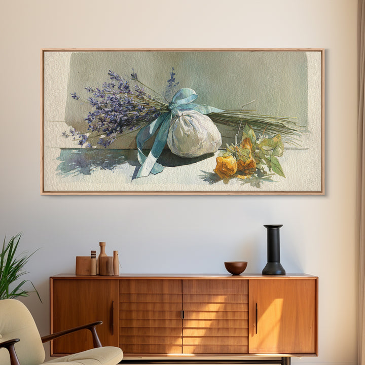 Lavender Sachet and Ribbon Still Life Framed Canvas Print, Laundry Room Art, Minimalist Decor, Living Room Decor, Clean, LRA-2x1-13