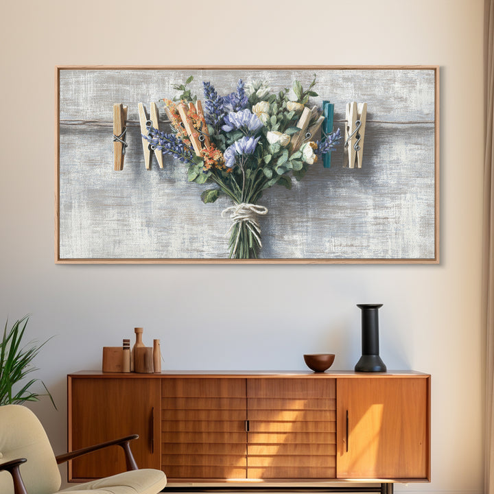 Clothespin Bouquet in Folk Art Style Framed Canvas Print, Laundry Room Art, Fine Art Print, Living Room Decor, Fine Art, Clean, LRA-2x1-16