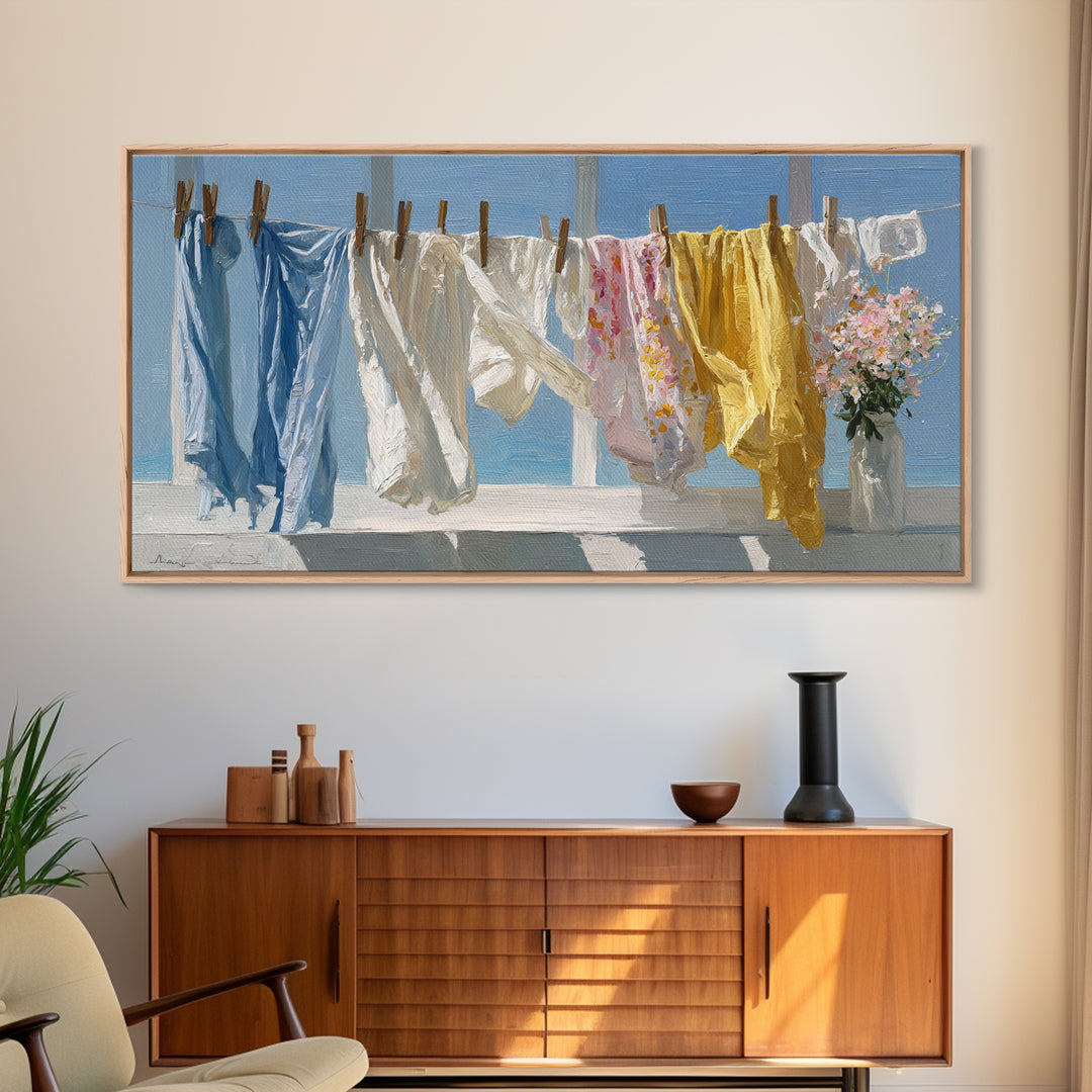 Clothesline with White Linens Blowing in Sunshine Canvas Print, Laundry Room Art, Home Decor, Living Room Decor, Clean, LRA-2x1-21