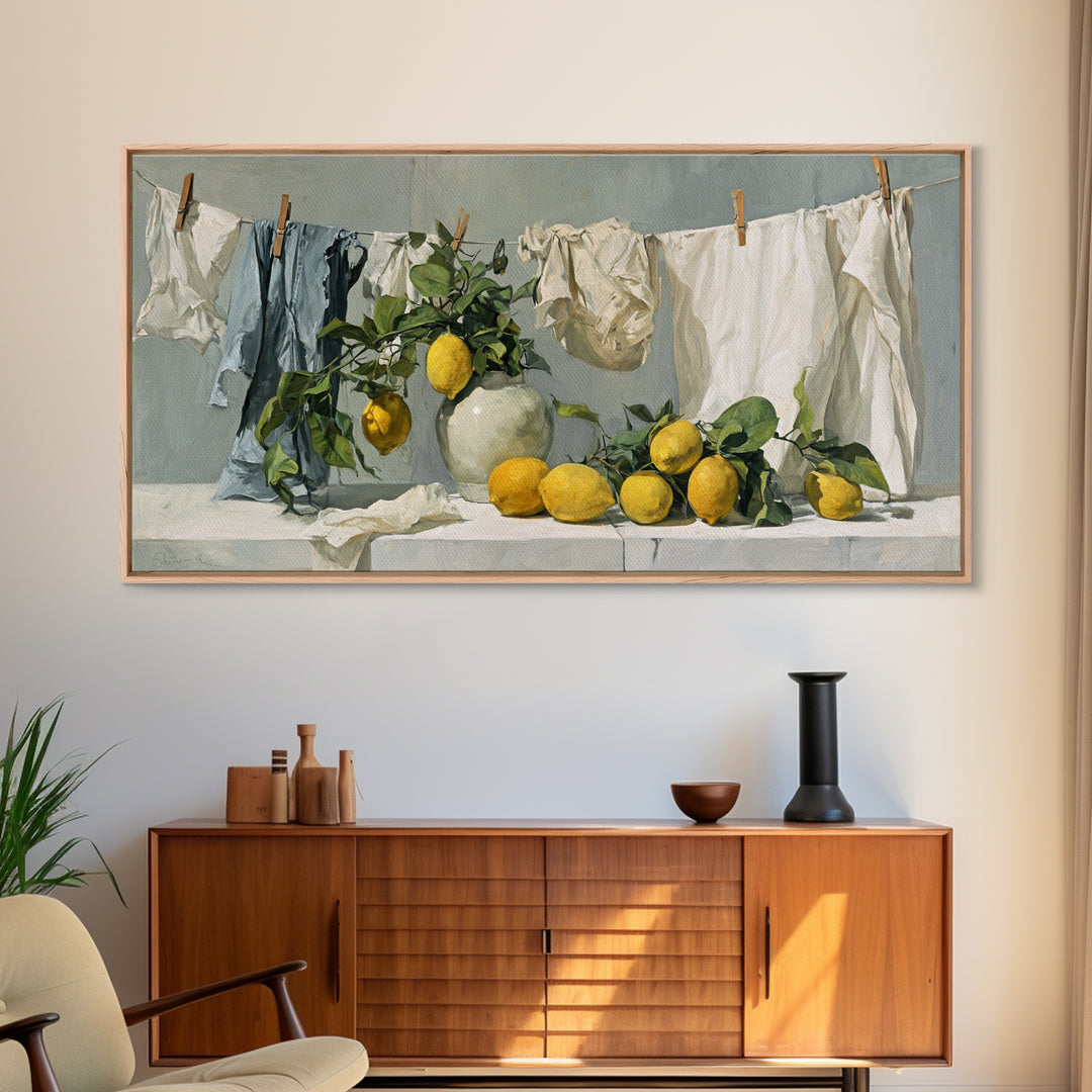 Lemon and Clean Linen Still Life Framed Canvas Print, Laundry Room Art, Digital Wall Art, Living Room Decor, Abstract Art, LRA-2x1-23