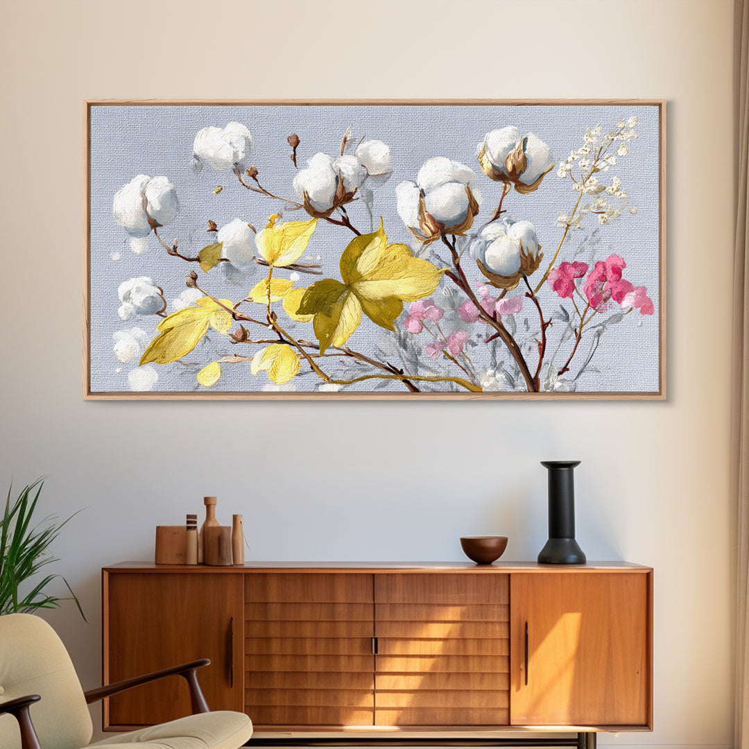 Fresh Cotton Branch Botanical Study Framed Canvas Print, Laundry Room Art, Fine Art Print, Living Room Decor, Fine Art, Clean, LRA-2x1-27