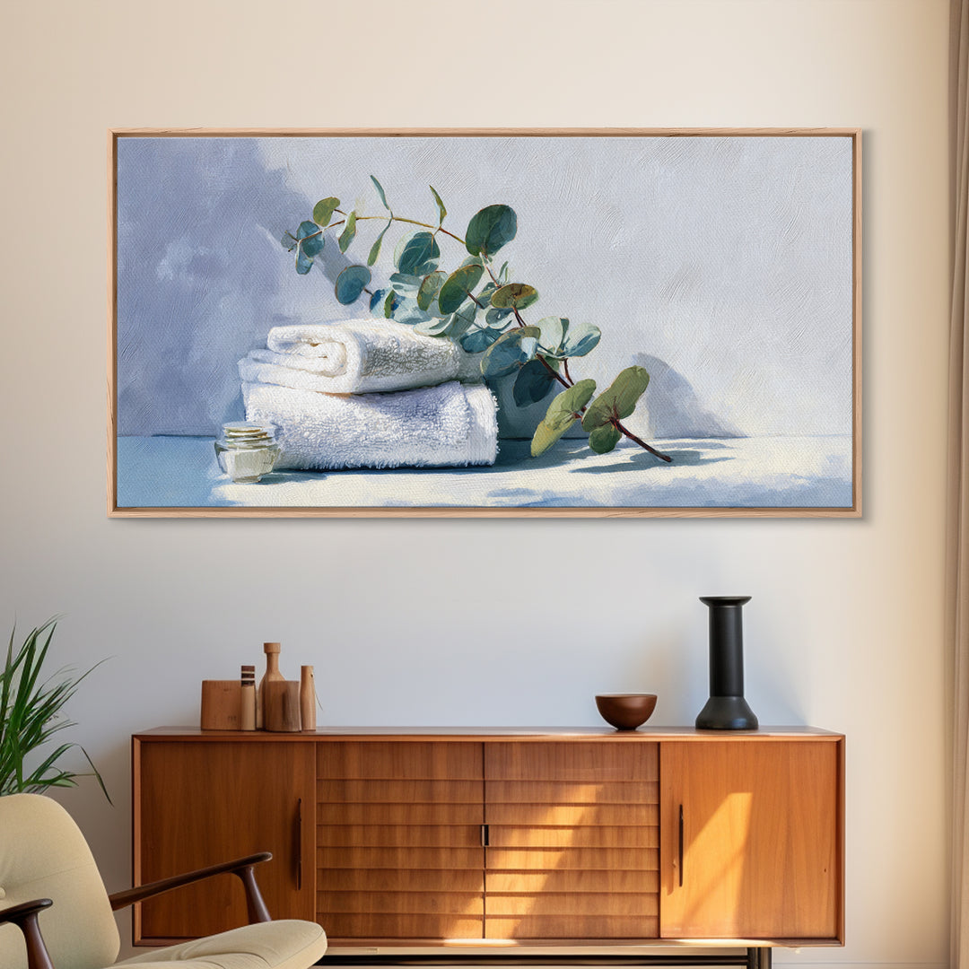 Sunlit White Towels and Eucalyptus Branch Canvas Print, Laundry Room Art, Digital Print, Living Room Decor, Fine Art, Clean, LRA-2x1-31