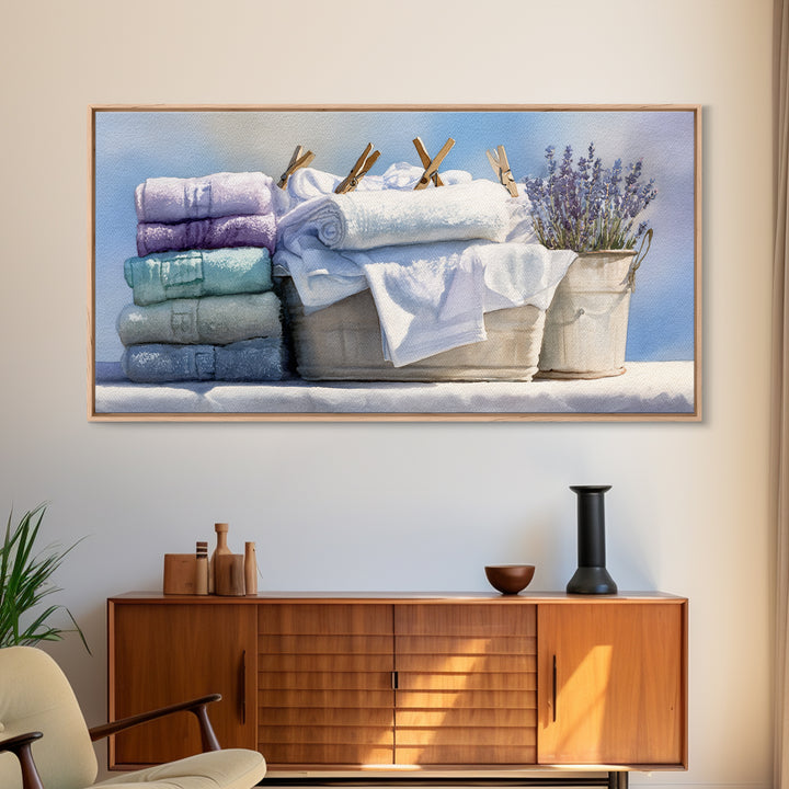 Basket of Folded Towels Framed Canvas Print, Laundry Room Art, Art Print, Living Room Decor, Fine Art, Clean, Artwork, LRA-2x1-34