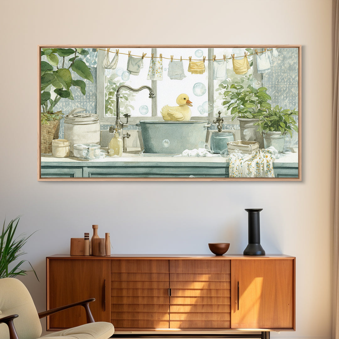 Duck and Bubbles Whimsical Watercolor Framed Canvas Print, Laundry Room Art, Living Room Decor, Oil Painting, Clean, LRA-2x1-35