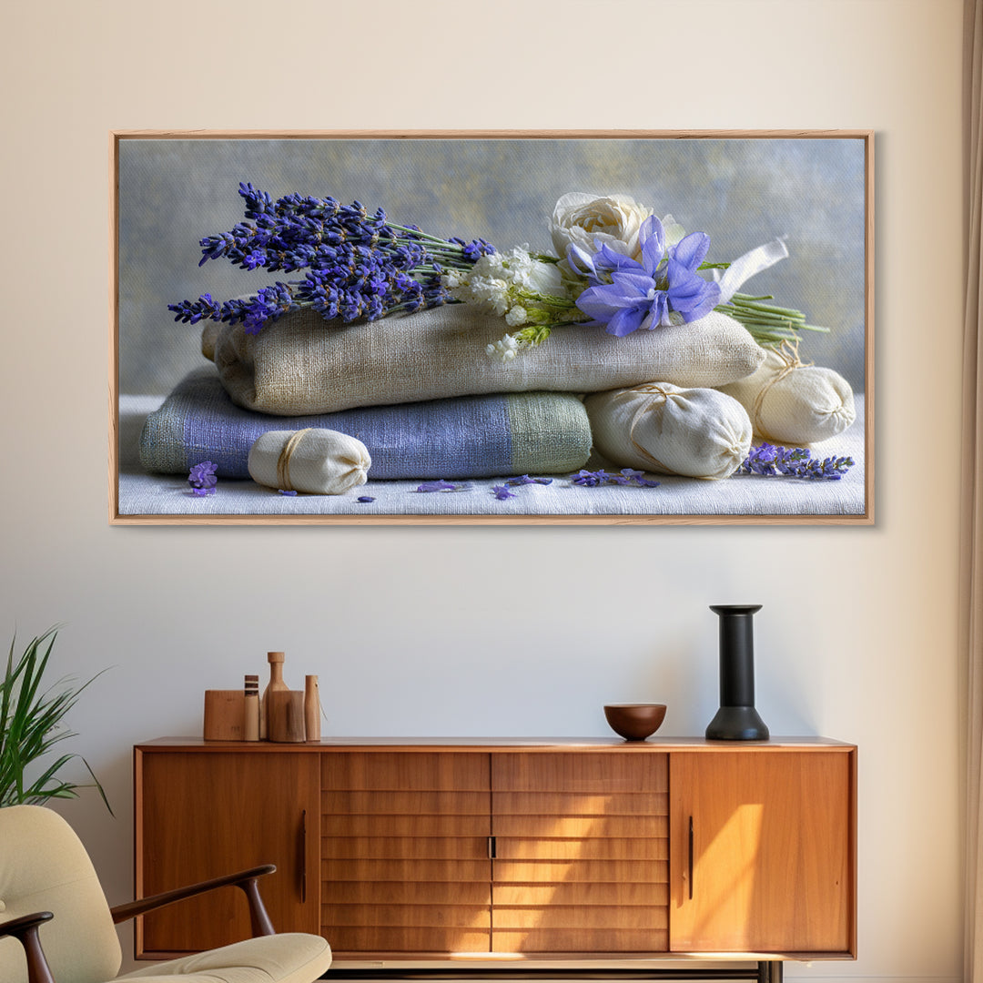Lavender Sachet and Ribbon Still Life Framed Canvas Print, Laundry Room Art, Minimalist Decor, Living Room Decor, Clean, LRA-2x1-37