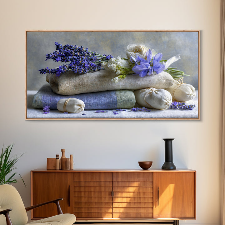 Lavender Sachet and Ribbon Still Life Framed Canvas Print, Laundry Room Art, Minimalist Decor, Living Room Decor, Clean, LRA-2x1-37