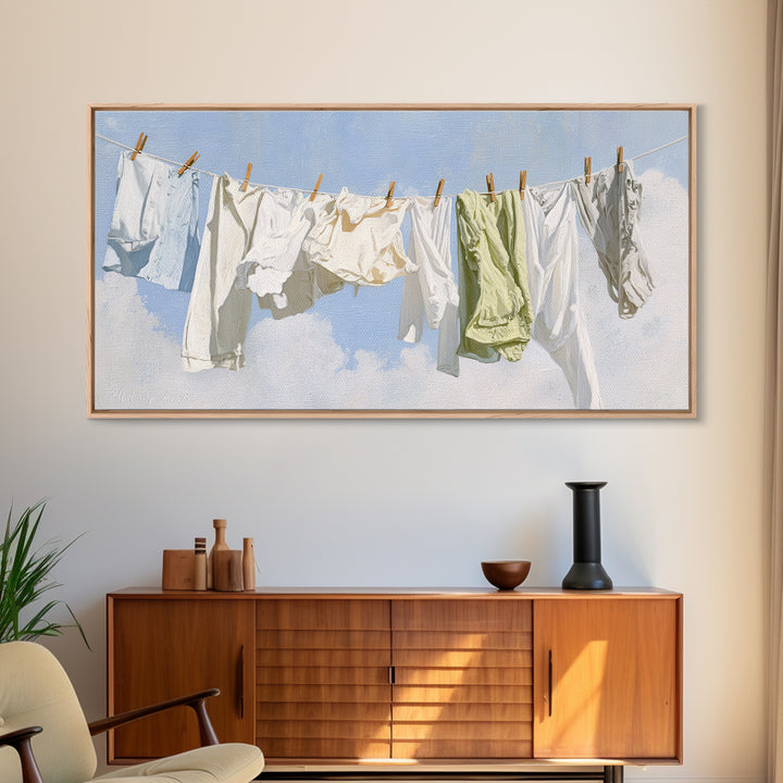 Clothesline with White Linens Blowing in Sunshine Canvas Print, Laundry Room Art, Digital Wall Art, Living Room Decor, Clean, LRA-2x1-45