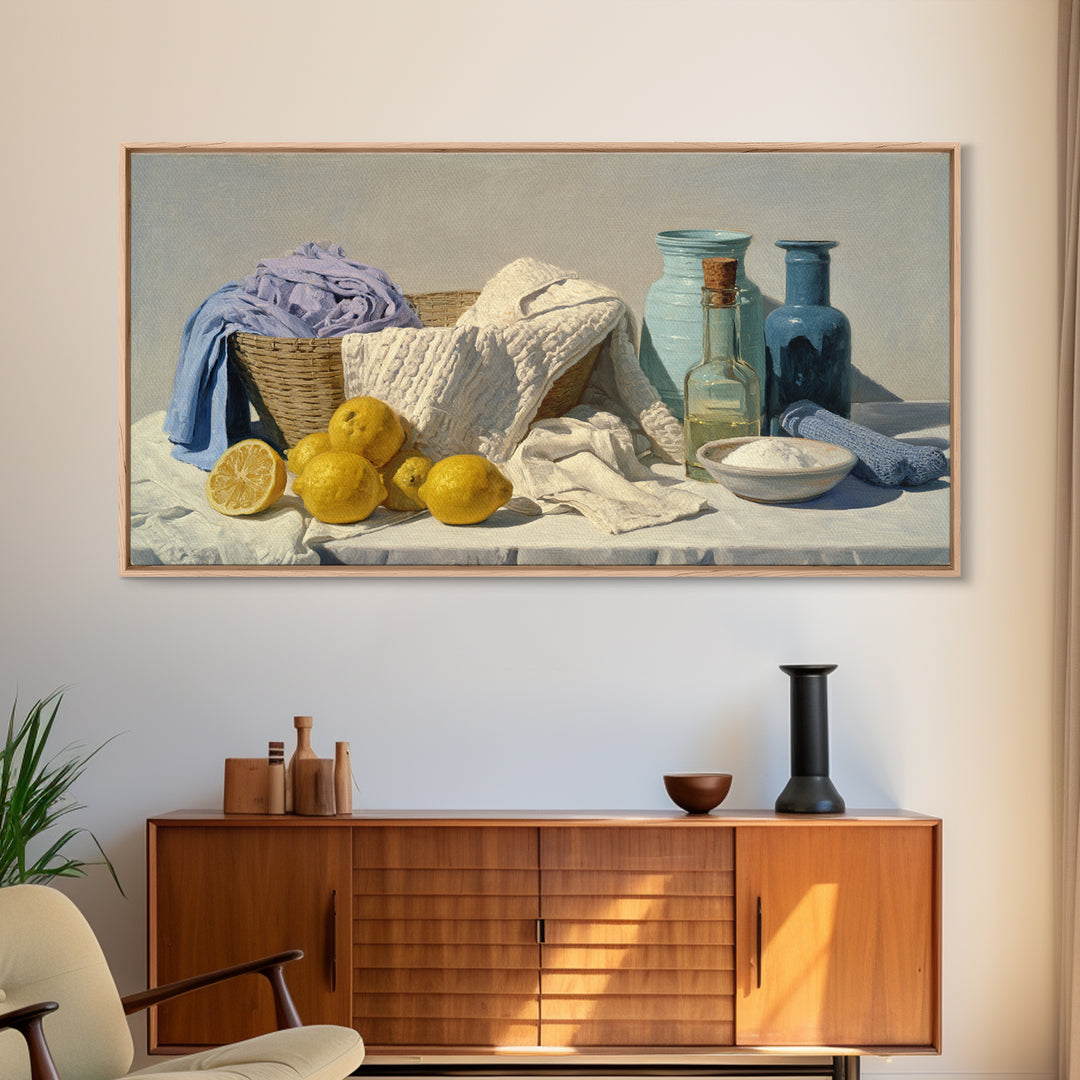 Lemon and Clean Linen Still Life Canvas Print, Laundry Room Art, Farmhouse Decor, Living Room Decor, Abstract Art, Clean, LRA-2x1-47