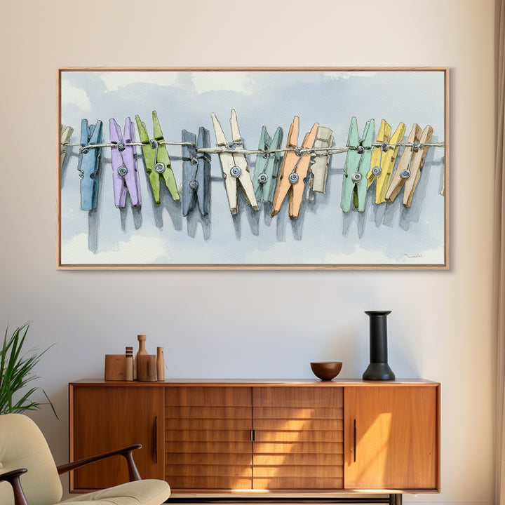 Cheerful Clothespins Arranged as Pattern Canvas Print, Laundry Room Art, Digital Art, Living Room Decor, Fine Art, Clean, LRA-2x1-48
