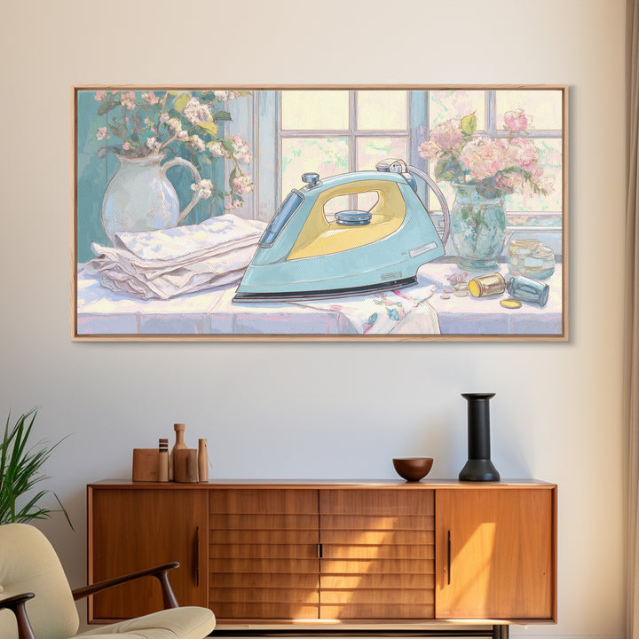 Retro Iron Illustration Framed Canvas Print, Laundry Room Art, Living Room Decor, Watercolor Art, Clean, Wall Art Print, LRA-2x1-5