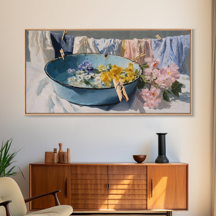 Old Enamel Basin Filled Canvas Print, Laundry Room Art, Printable Wall Art, Living Room Decor, Watercolor Art, Clean, LRA-2x1-52