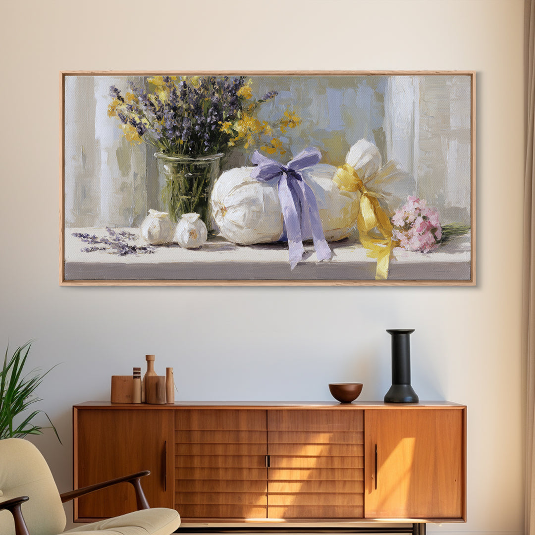 Lavender Sachet and Ribbon Still Life Canvas Print, Laundry Room Art, Printable Wall Art, Living Room Decor, Fine Art, Clean, LRA-2x1-61