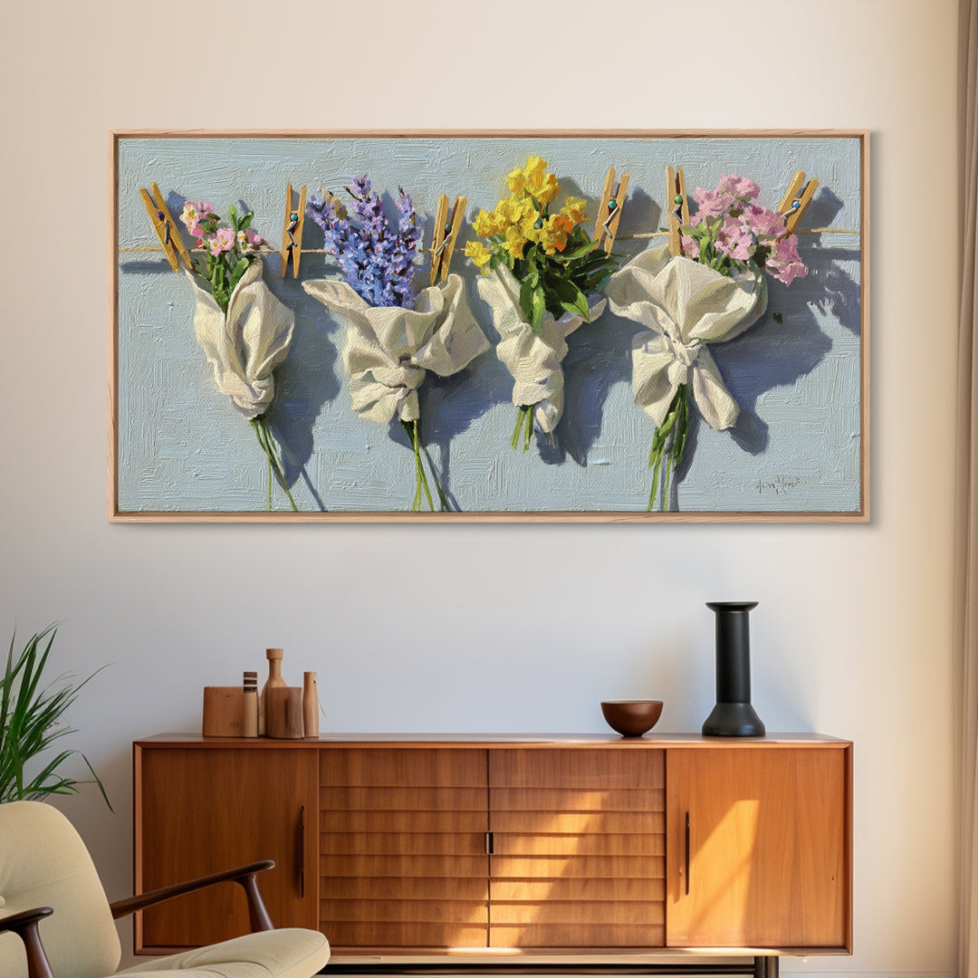 Clothespin Bouquet in Folk Art Style Canvas Print, Laundry Room Art, Artwork, Living Room Decor, Clean, Minimalist Wall Art, LRA-2x1-64