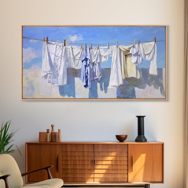Clothesline with White Linens Blowing in Sunshine Canvas Print, Laundry Room Art, Farmhouse Decor, Living Room Decor, Clean, LRA-2x1-69