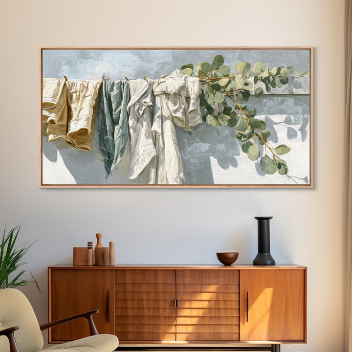 Sunlit White Towels and Eucalyptus Branch Framed Canvas Print, Laundry Room Art, Living Room Decor, Watercolor Art, Clean, LRA-2x1-7