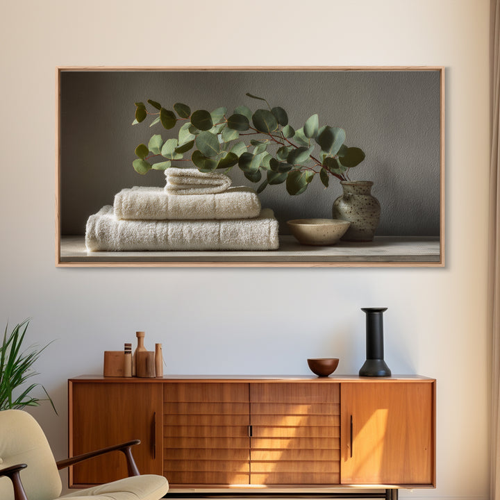 Sunlit White Towels and Eucalyptus Branch Canvas Print, Laundry Room Art, Gallery Wall Prints, Living Room Decor, Clean, LRA-2x1-79