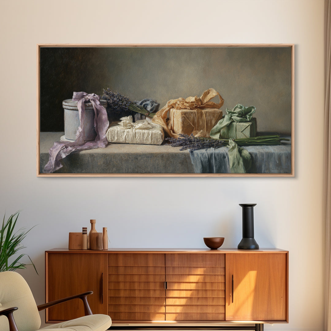 Lavender Sachet and Ribbon Still Life Framed Canvas Print, Laundry Room Art, Printable Art, Living Room Decor, Fine Art, Clean, LRA-2x1-85
