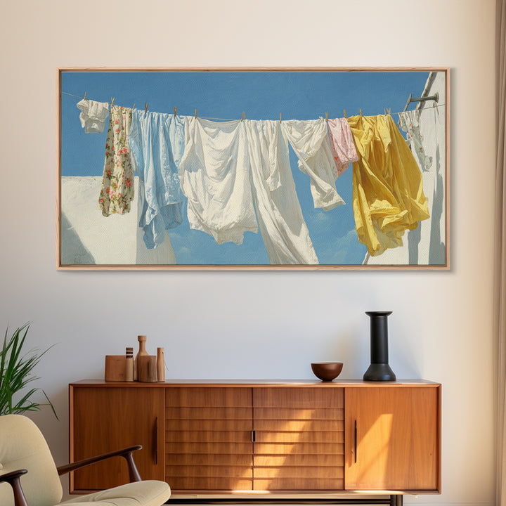 Clothesline with White Linens Blowing in Sunshine Canvas Print, Laundry Room Art, Farmhouse Decor, Living Room Decor, Clean, LRA-2x1-93