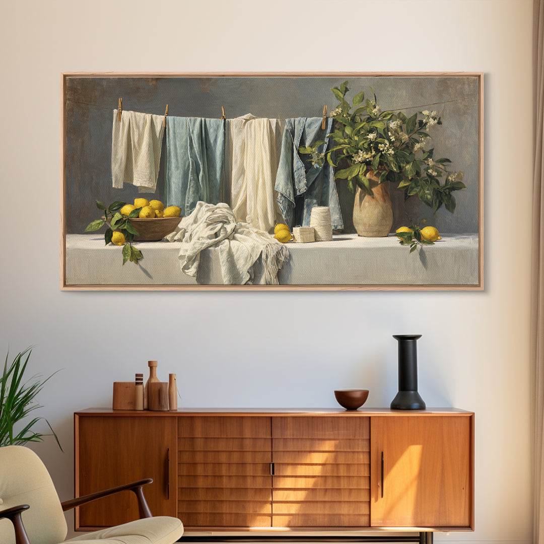 Lemon and Clean Linen Still Life Framed Canvas Print, Laundry Room Art, Digital Art Print, Living Room Decor, Fine Art, Clean, LRA-2x1-95