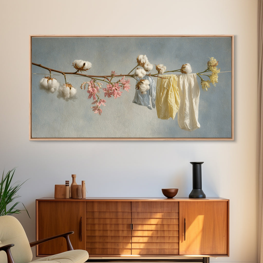 Fresh Cotton Branch Botanical Study Framed Canvas Print, Laundry Room Art, Wall Art Print, Living Room Decor, Watercolor Art, LRA-2x1-99