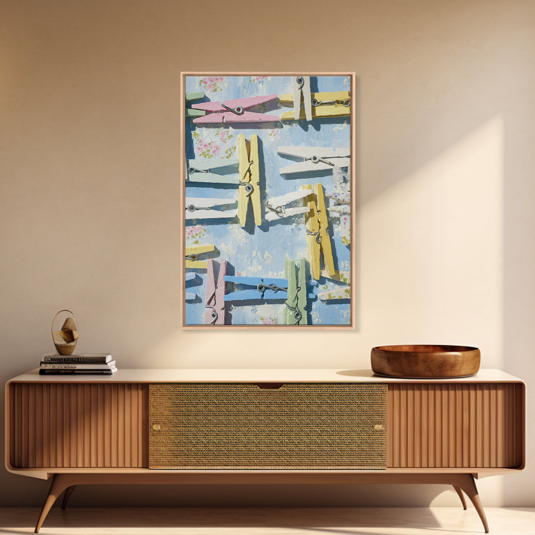 Cheerful Clothespins Arranged as Pattern Framed Canvas Print, Laundry Room Art, Minimalist Decor, Living Room Decor, LRA-2x3-12