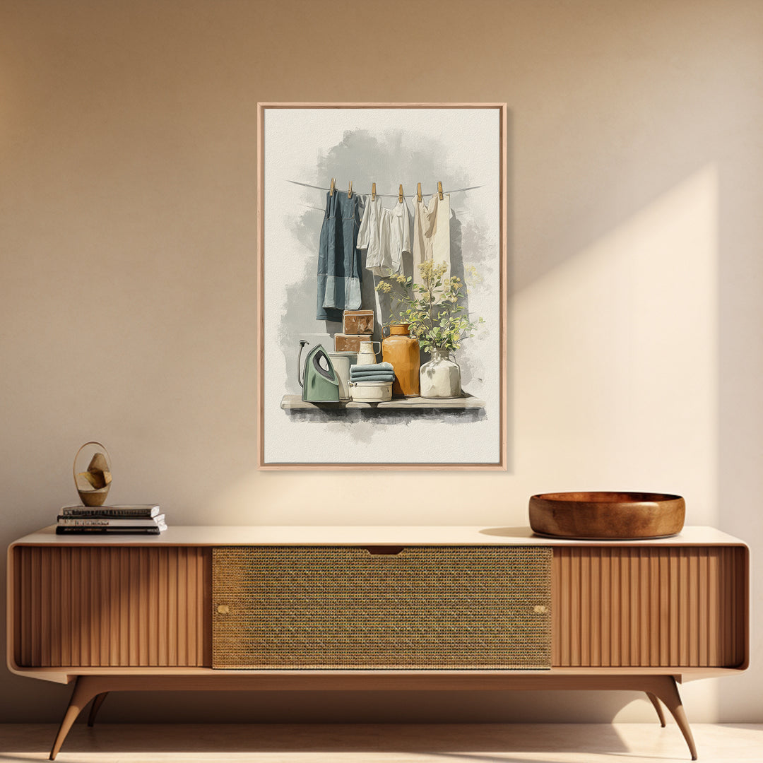 Retro Iron Illustration Framed Canvas Print, Laundry Room Art, Printable Wall Art, Living Room Decor, Abstract Art, Clean, LRA-2x3-17