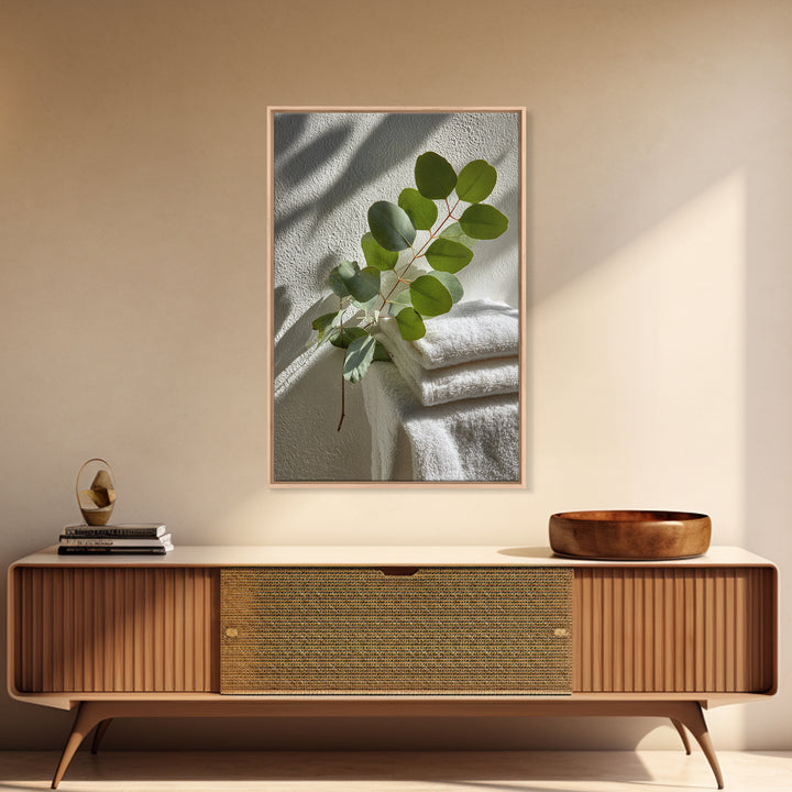 Sunlit White Towels and Eucalyptus Branch Framed Canvas Print, Laundry Room Art, Neutral Decor, Living Room Decor, LRA-2x3-19