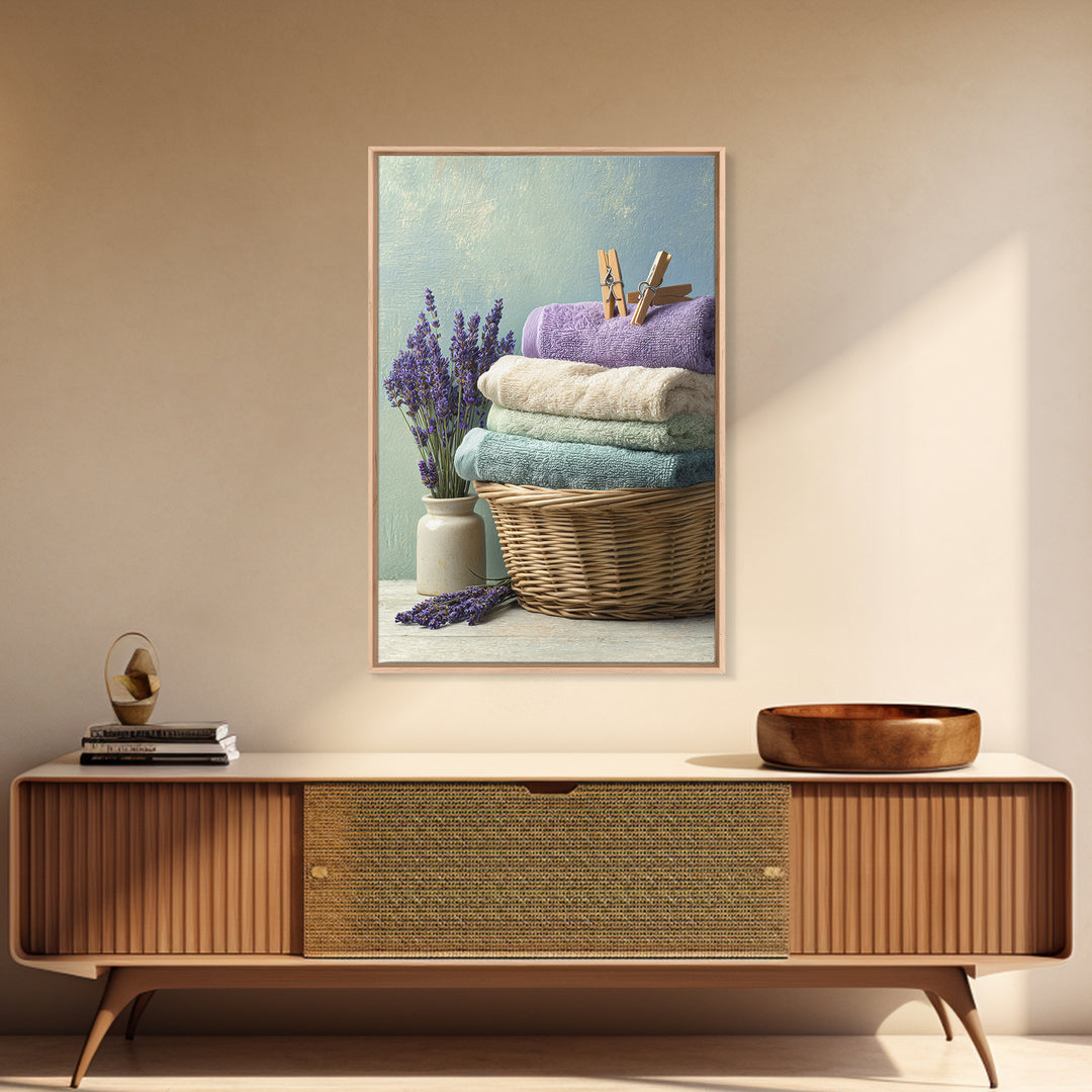 Basket of Folded Towels Framed Canvas Print, Laundry Room Art, Textured Painting, Living Room Decor, Fine Art, Clean, LRA-2x3-22