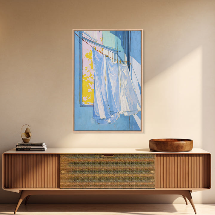 Simple Line Drawing of Hanging Laundry Framed Canvas Print, Laundry Room Art, Living Room Decor, Abstract Art, Clean, LRA-2x3-24