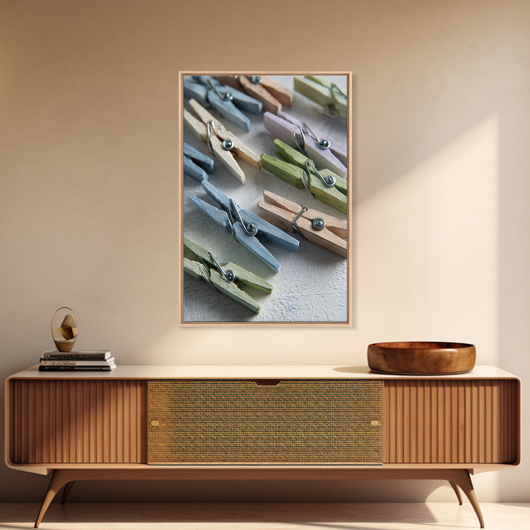 Cheerful Clothespins Arranged as Pattern Canvas Print, Laundry Room Art, Farmhouse Wall Art, Living Room Decor, Clean, LRA-2x3-36