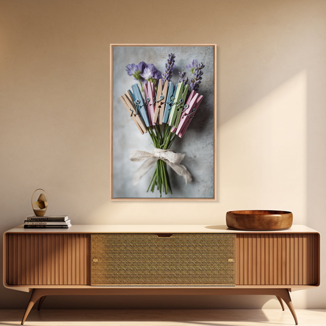 Clothespin Bouquet in Folk Art Style Framed Canvas Print, Laundry Room Art, Statement Artwork, Living Room Decor, Clean, LRA-2x3-4