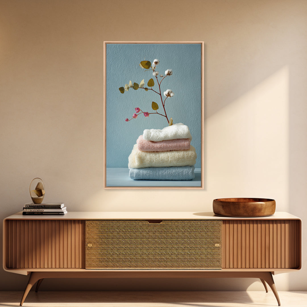 Sunlit White Towels and Eucalyptus Branch Framed Canvas Print, Laundry Room Art, Contemporary Art, Living Room Decor, Clean, LRA-2x3-43