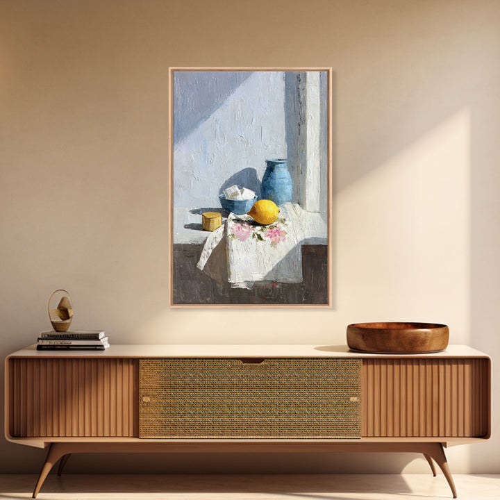 Lemon and Clean Linen Still Life Framed Canvas Print, Laundry Room Art, Digital Art, Living Room Decor, Abstract Art, Clean, LRA-2x3-59
