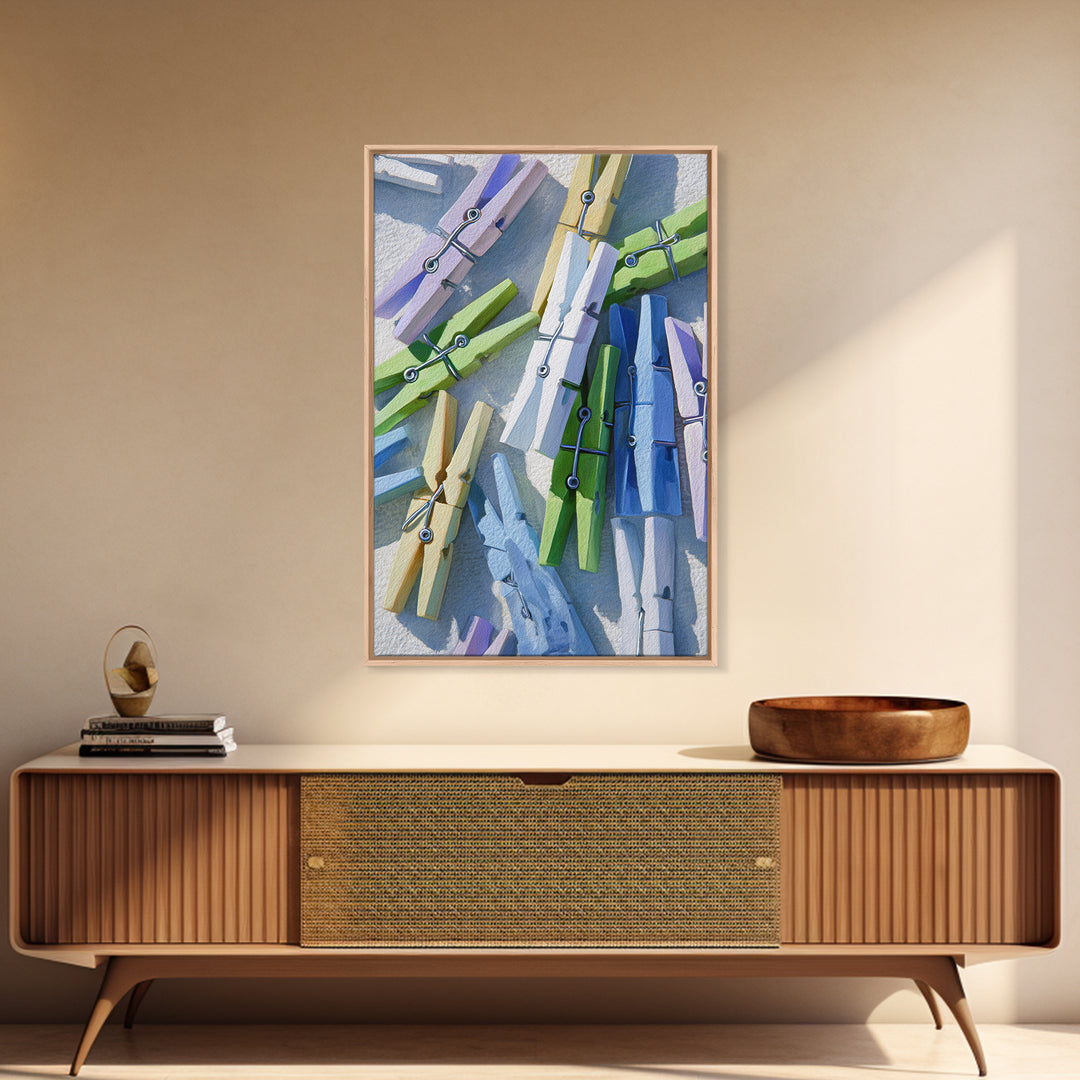 Cheerful Clothespins Arranged as Pattern Framed Canvas Print, Laundry Room Art, Home Decor, Living Room Decor, Fine Art, Clean, LRA-2x3-60