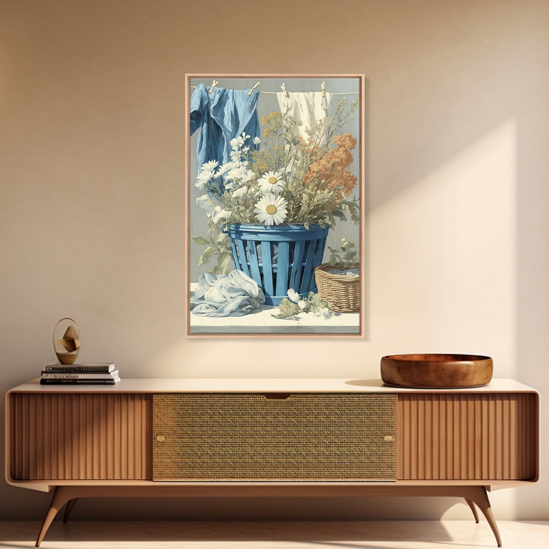 Blue Laundry Basket Canvas Print, Laundry Room Art, New Home Gift, Living Room Decor, Fine Art, Clean, Farmhouse Wall Art, LRA-2x3-61