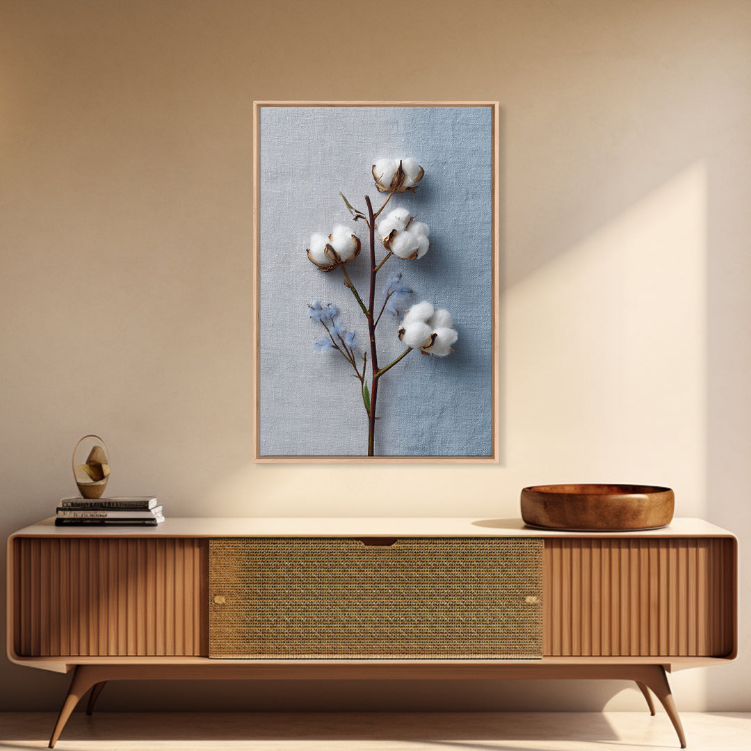 Fresh Cotton Branch Botanical Study Framed Canvas Print, Laundry Room Art, Printable Wall Art, Living Room Decor, Clean, LRA-2x3-63