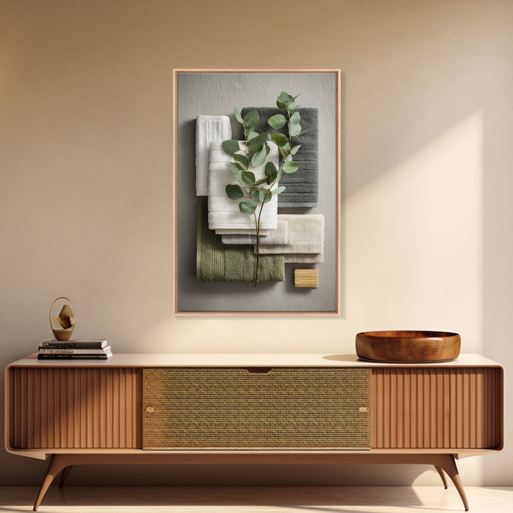 Sunlit White Towels and Eucalyptus Branch Canvas Print, Laundry Room Art, Oil Painting, Living Room Decor, Fine Art, Clean, LRA-2x3-67