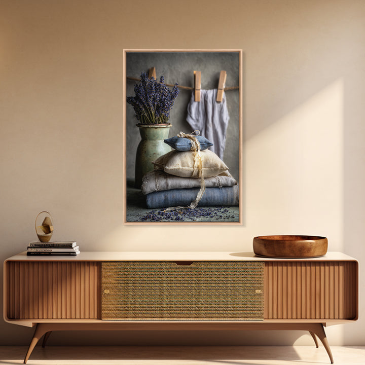 Lavender Sachet and Ribbon Still Life Framed Canvas Print, Laundry Room Art, Farmhouse Decor, Living Room Decor, Clean, LRA-2x3-73