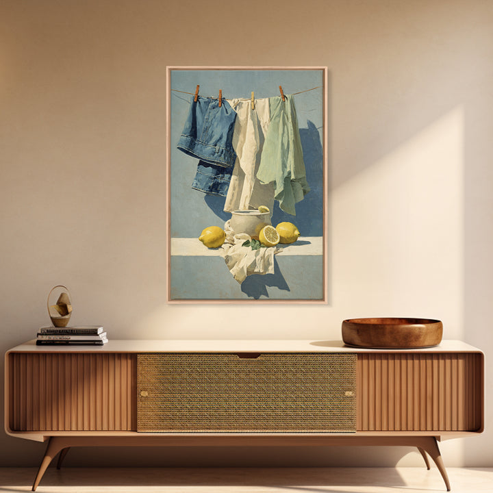 Lemon and Clean Linen Still Life Framed Canvas Print, Laundry Room Art, Wall Art Print, Living Room Decor, Fine Art, Clean, LRA-2x3-83