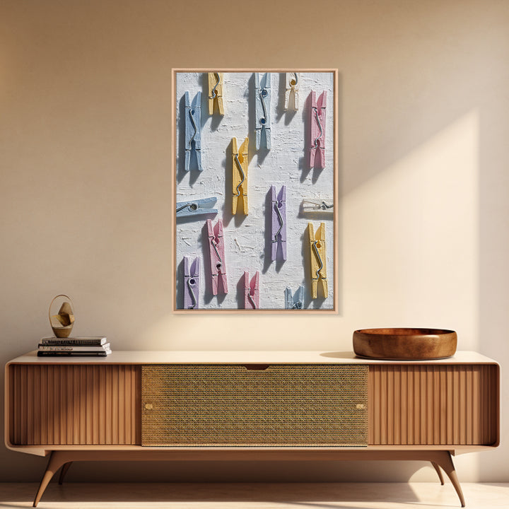 Cheerful Clothespins Arranged as Pattern Framed Canvas Print, Laundry Room Art, Downloadable Art, Living Room Decor, Clean, LRA-2x3-84