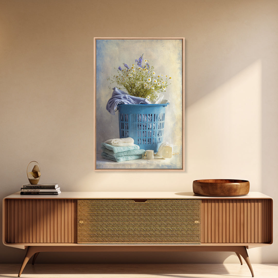 Blue Laundry Basket Framed Canvas Print, Laundry Room Art, Wall Art Print, Living Room Decor, Oil Painting, Clean, LRA-2x3-85