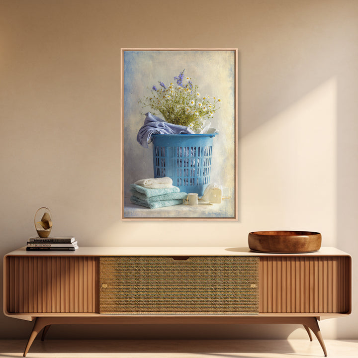 Blue Laundry Basket Framed Canvas Print, Laundry Room Art, Wall Art Print, Living Room Decor, Oil Painting, Clean, LRA-2x3-85