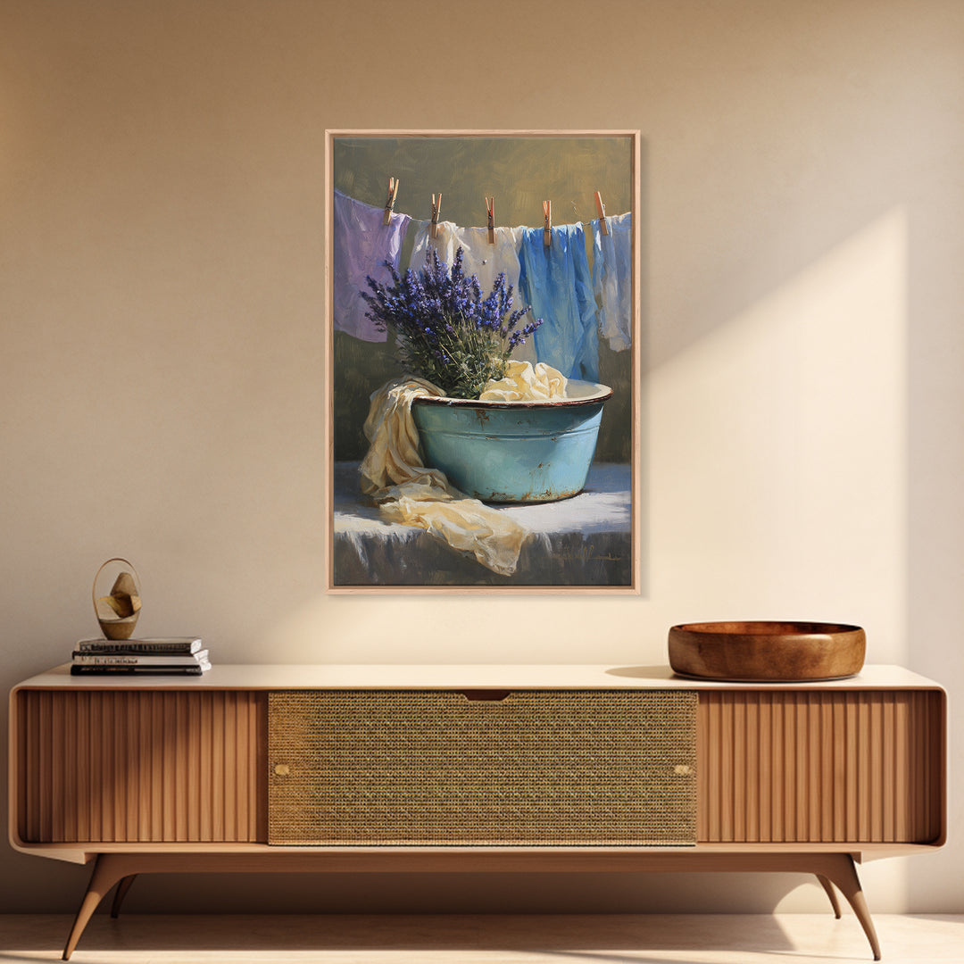 Old Enamel Basin Filled Framed Canvas Print, Laundry Room Art, Artwork, Living Room Decor, Fine Art, Clean, Minimalist Wall Art, LRA-2x3-88