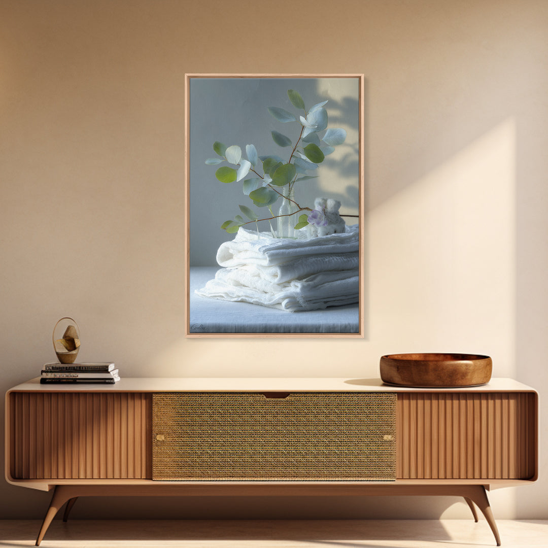 Sunlit White Towels and Eucalyptus Branch Canvas Print, Laundry Room Art, Retro Wall Art, Living Room Decor, Watercolor Art, LRA-2x3-91