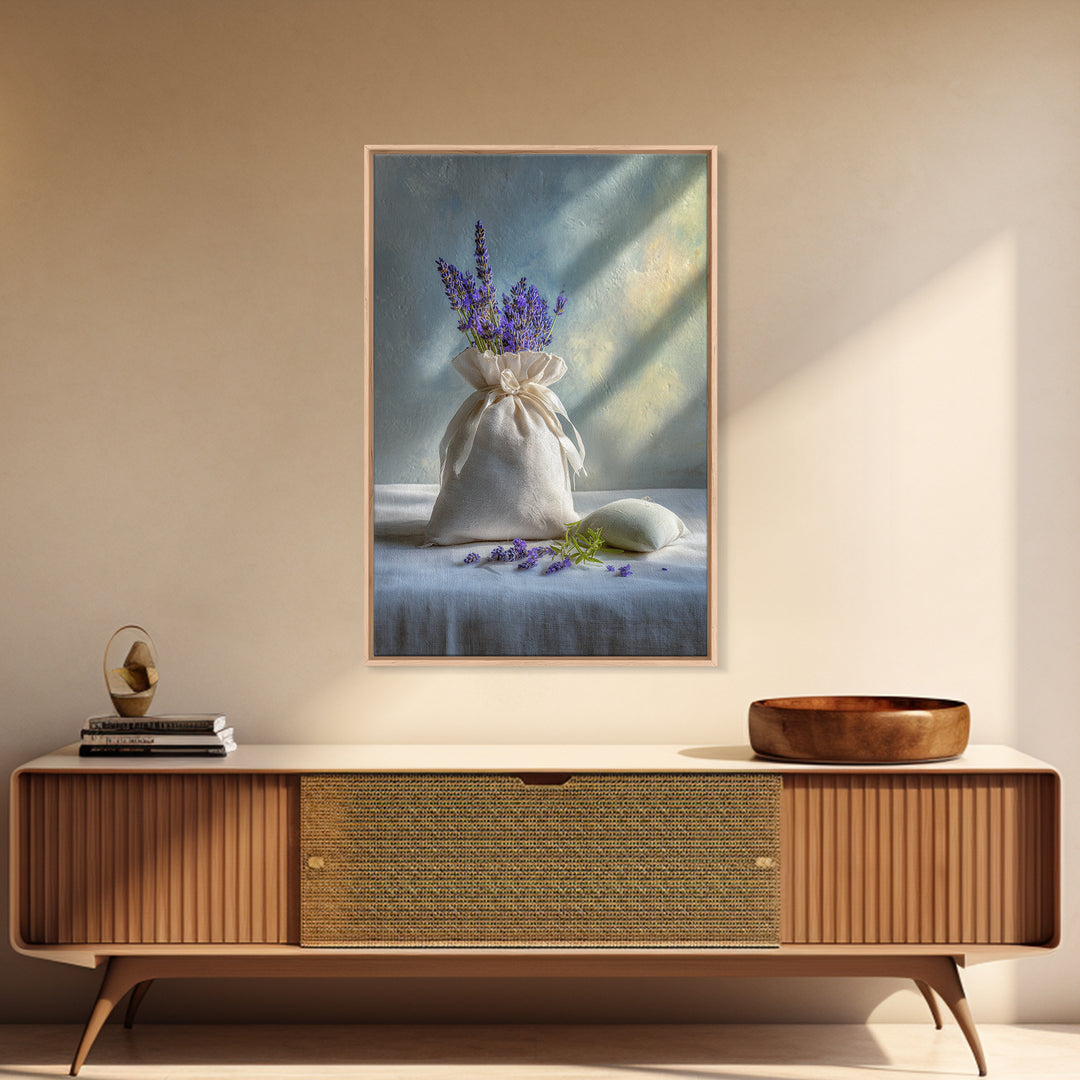 Lavender Sachet and Ribbon Still Life Framed Canvas Print, Laundry Room Art, Farmhouse Decor, Living Room Decor, Clean, LRA-2x3-97