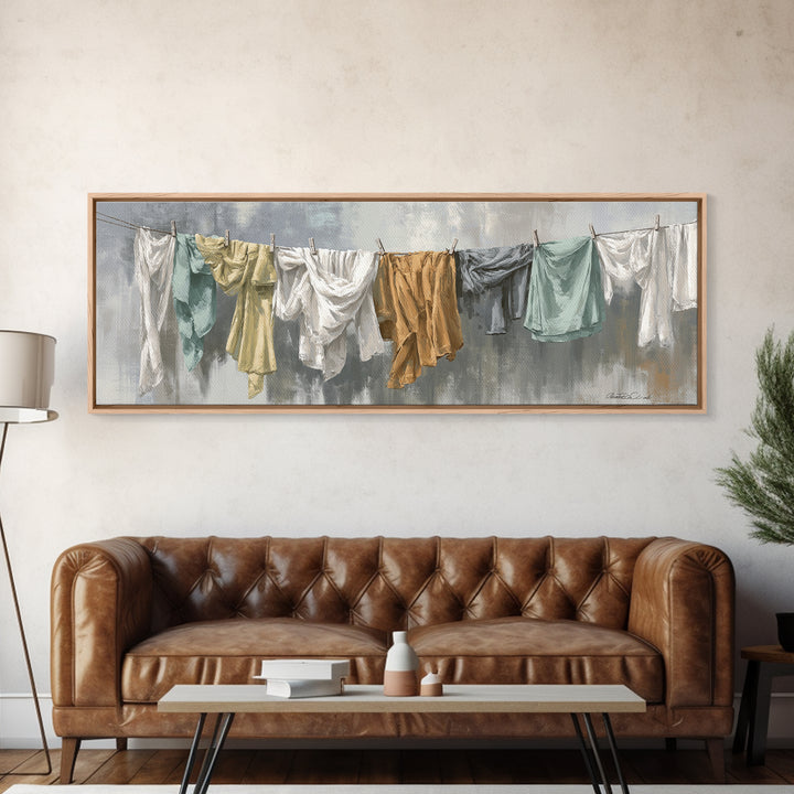 Clothesline with White Linens Blowing in Sunshine Canvas Print, Laundry Room Art, Farmhouse Wall Decor, Living Room Decor, LRA-3x1-17