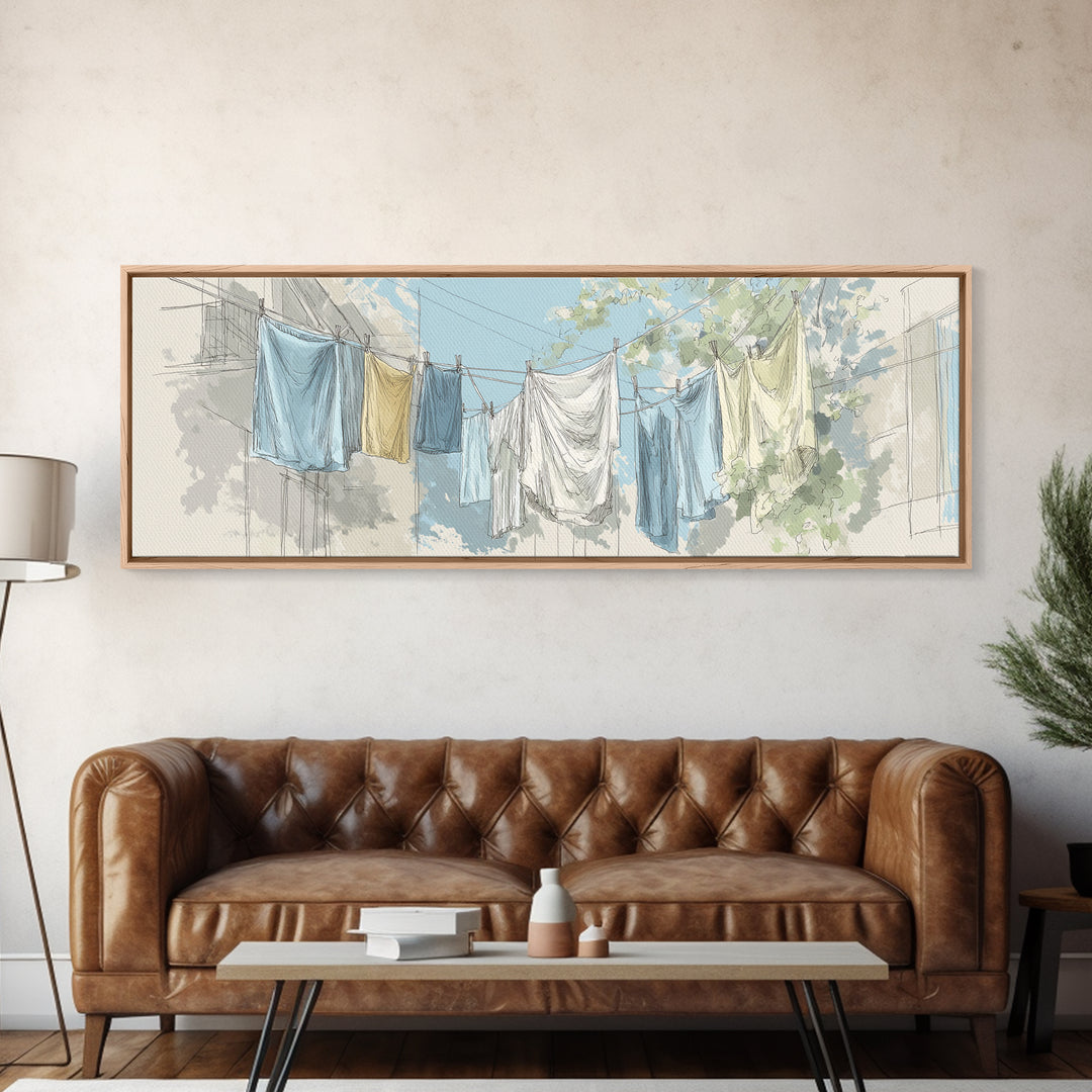 Simple Line Drawing of Hanging Laundry Framed Canvas Print, Laundry Room Art, Digital Art Print, Living Room Decor, LRA-3x1-32