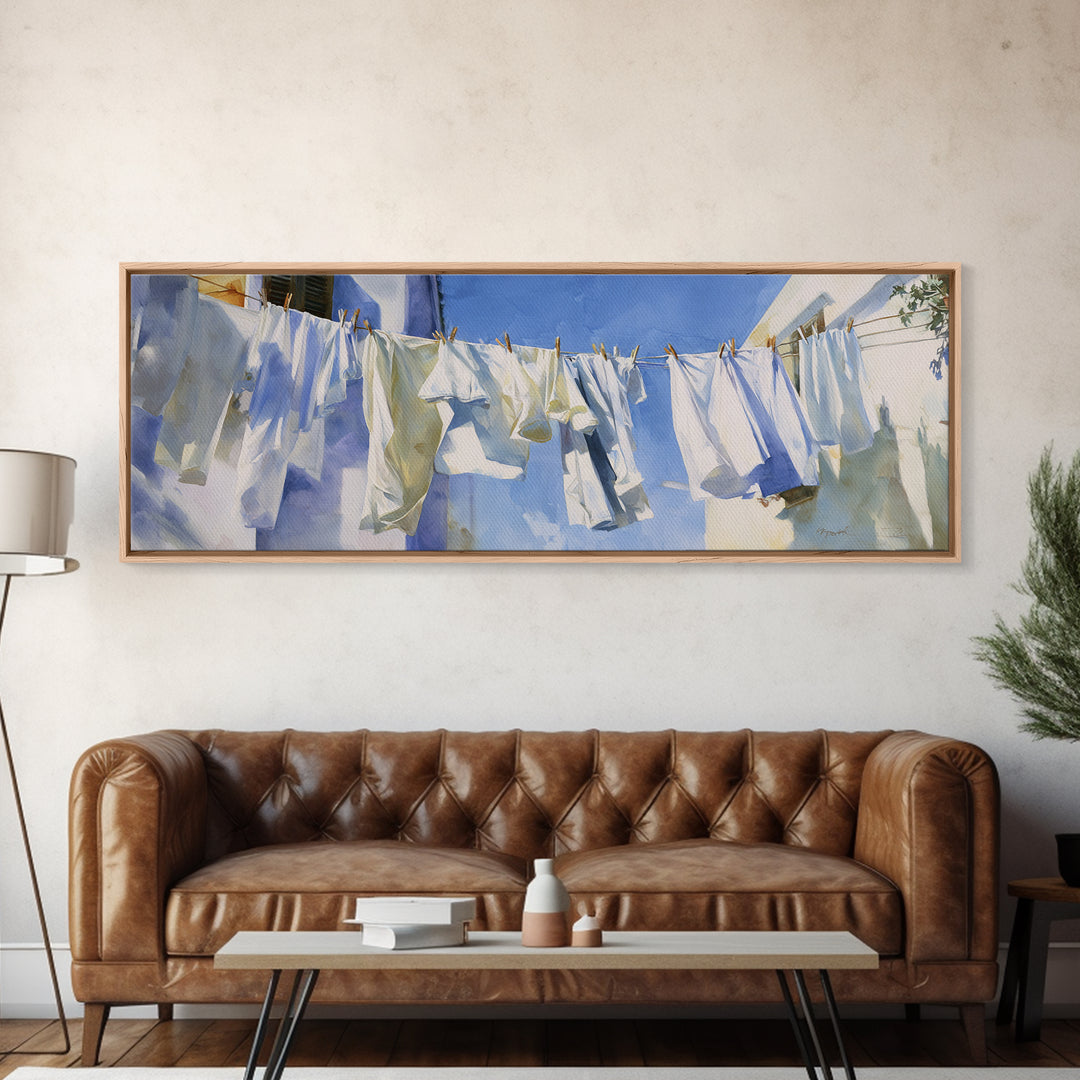 Clothesline with White Linens Blowing in Sunshine Canvas Print, Laundry Room Art, Downloadable Art, Living Room Decor, Clean, LRA-3x1-41